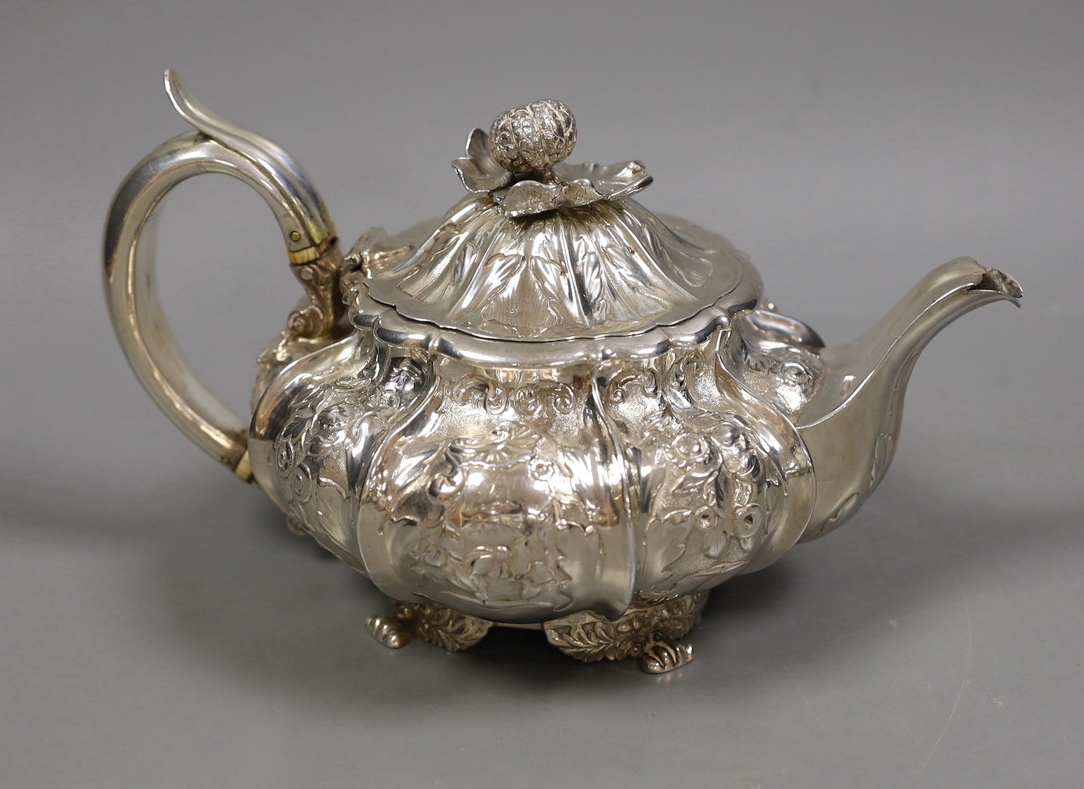 A William IV silver teapot, of squat melon form, WE, London, 1831, gross weight 23.3oz.